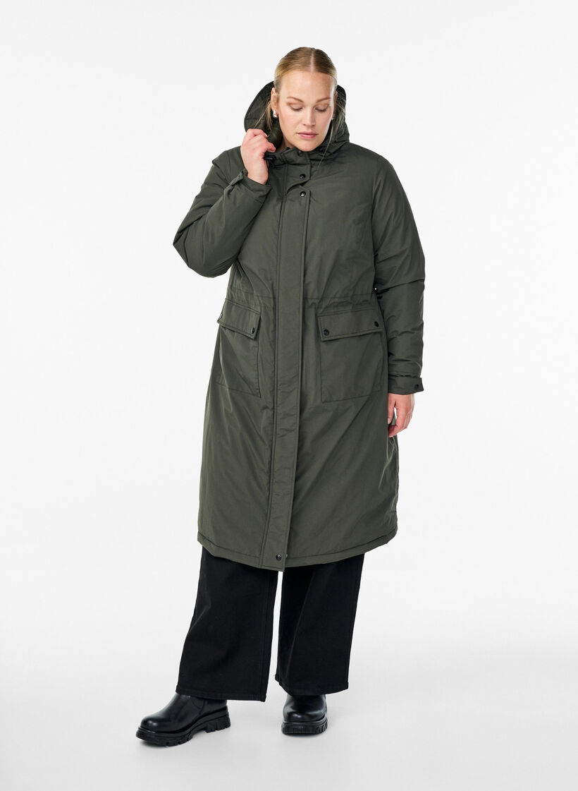 Parka z kapturem i regulowana talia, Zielony, Model image number 1