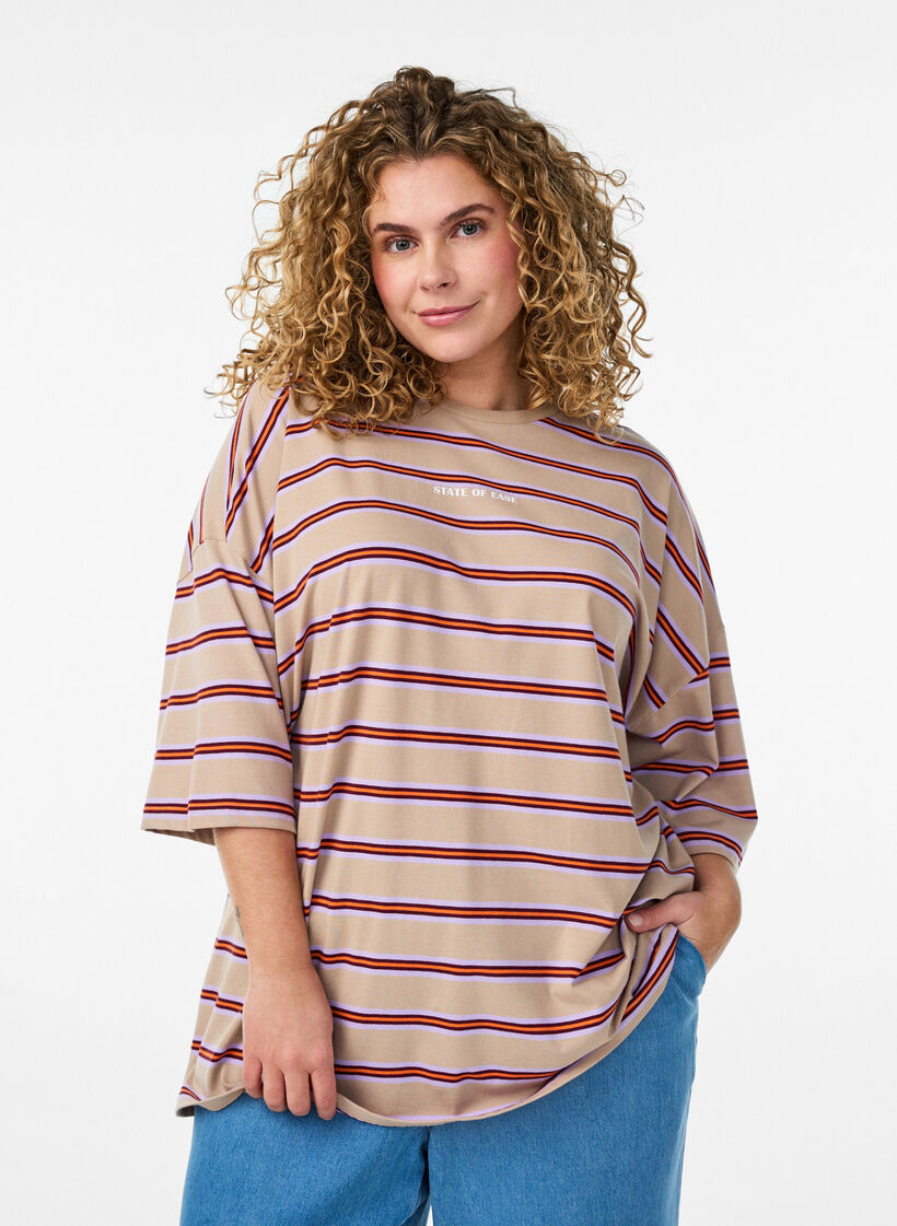 T-shirt w rozmiarze oversize z paskami i rekawami 1/2, Beżowy, Model image number 0