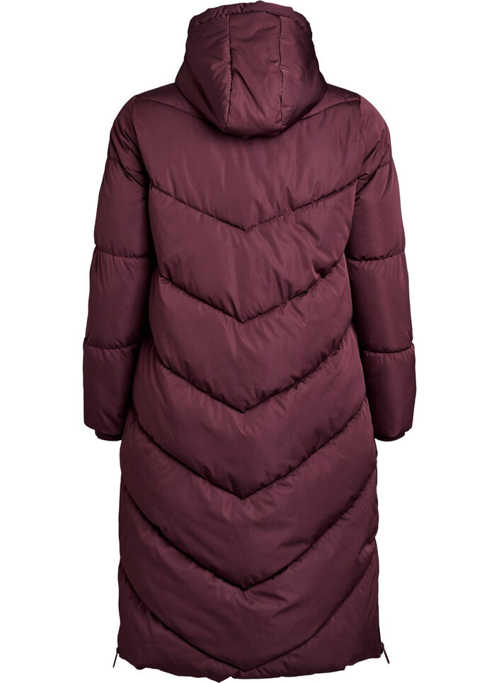 Dlugi, puchowy plaszcz z kapturem i kieszeniami, Ciemnobordowy, Packshot image number 1