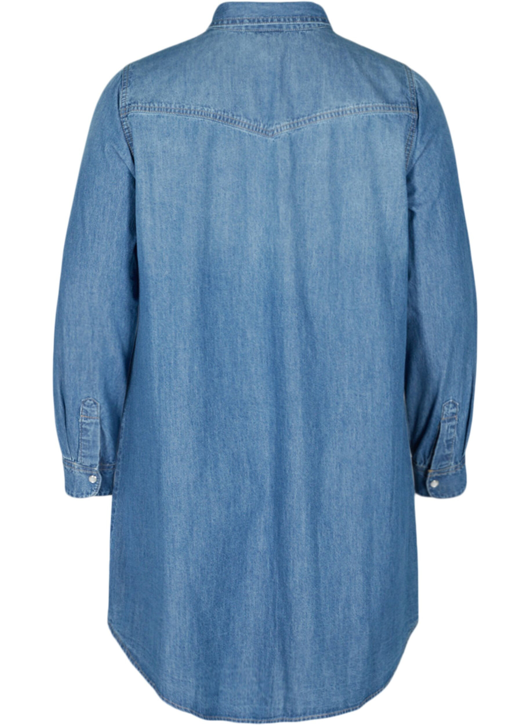 Zizzi Long denim shirt in cotton, Blue denim, Packshot image number 1