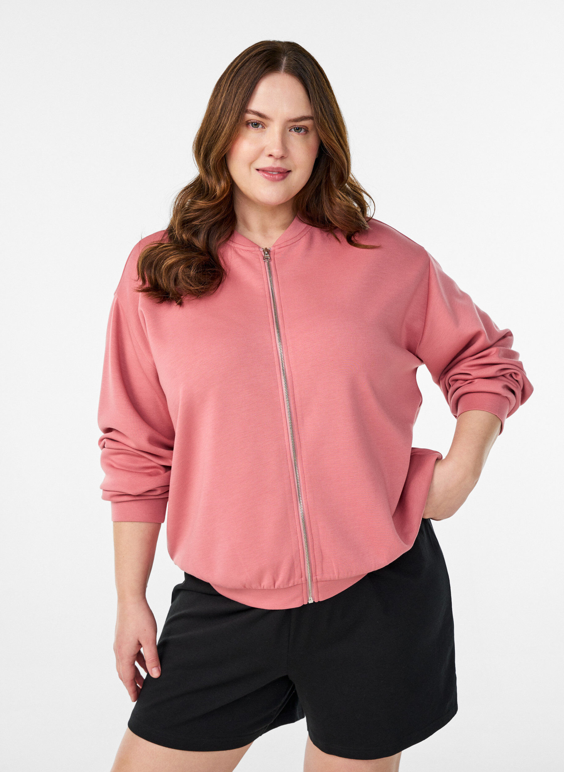 Zizzi Kardigan bomber z zamkiem blyskawicznym, R&oacute;żowy, Model image number 0