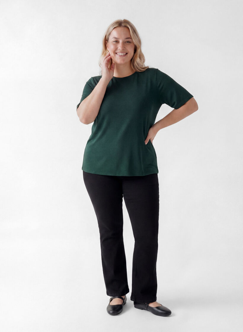 Tkana bluzka z kr&oacute;tkim rekawem i okraglym dekoltem, Zielony, Model image number 1