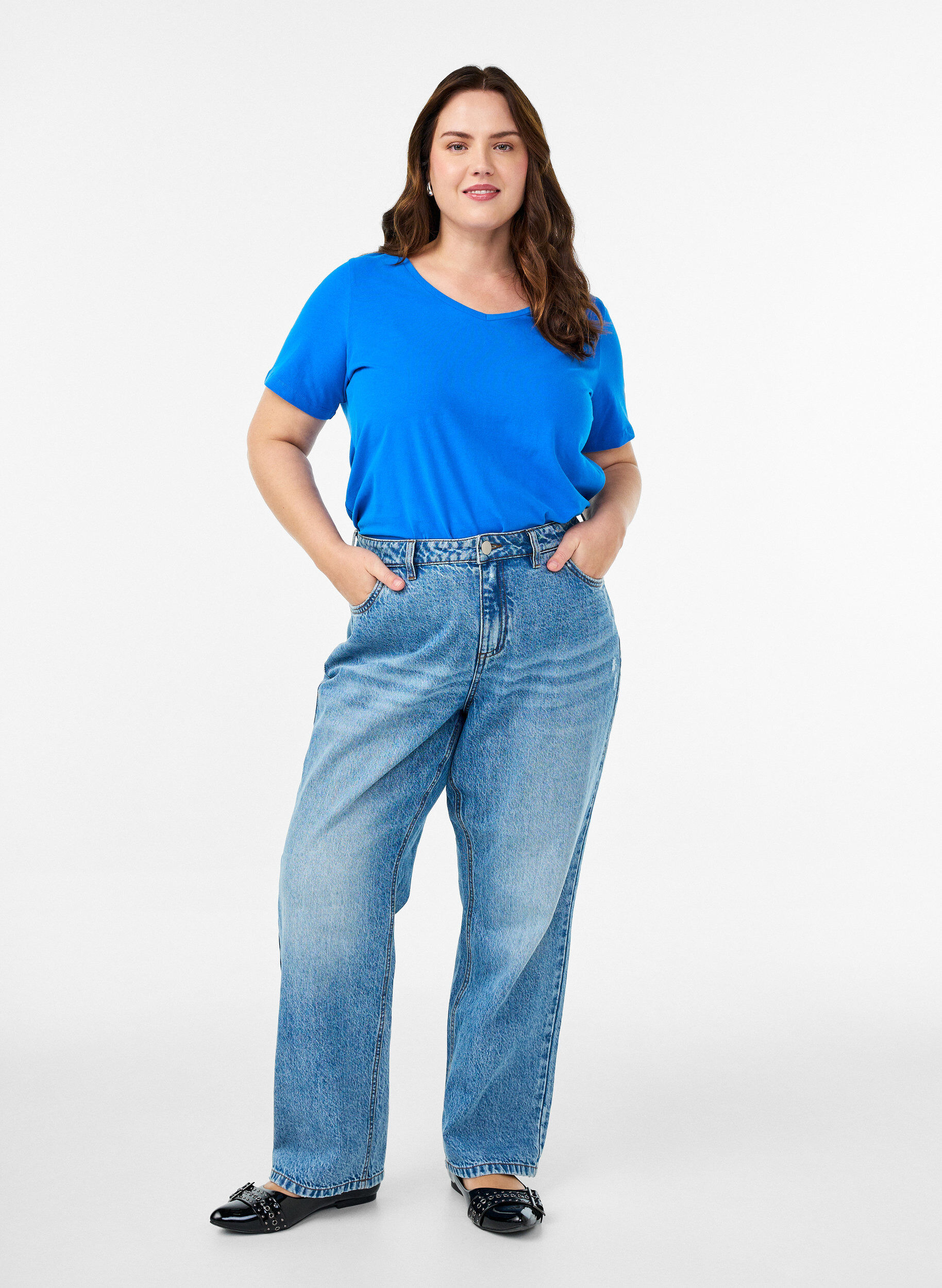 Zizzi Bawelniana koszulka w jednolitym kolorze, Niebieskie, Model image number 1