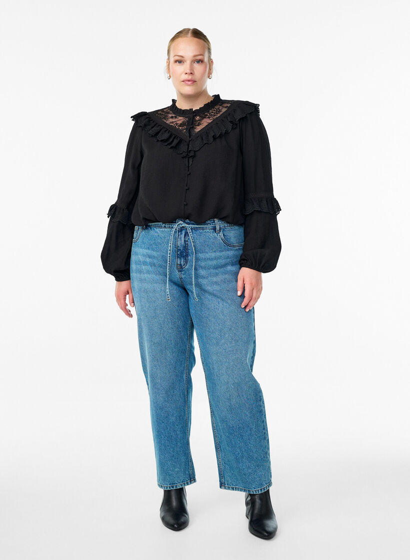 Bluzka z wiskozy z koronka i falbankami, Czarne, Model