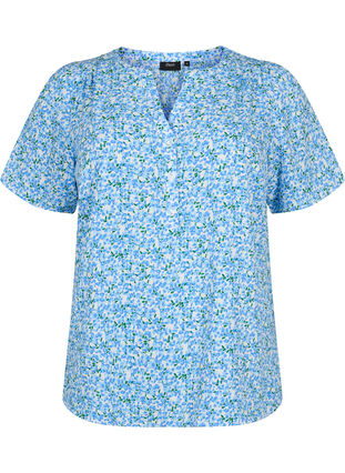 Bluzka z krótkim rekawem i dekoltem w serek, Blue Small Flower, Packshot image number 0