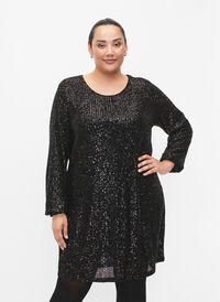 Krótka cekinowa sukienka z dlugim rekawem, Black, Model