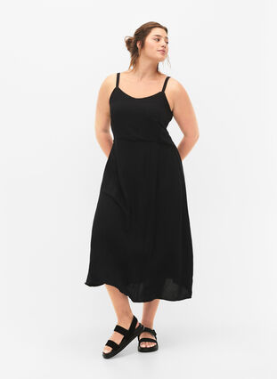 Jednokolorowa marszczona wiskozowa sukienka na ramiaczkach, Black, Model image number 0