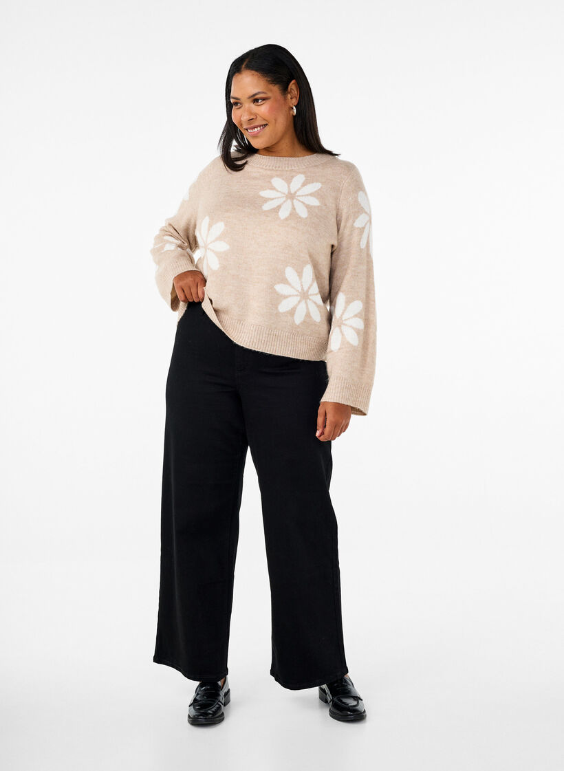 Dzianinowa bluzka w kwiaty, Simply Taupe Comb, Model image number 2