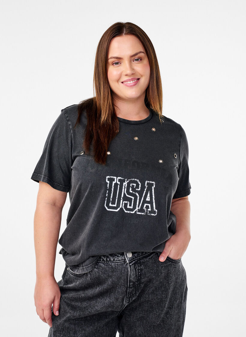 Koszulka z oczkami i nadrukiem, Grey Washed , Model image number 0