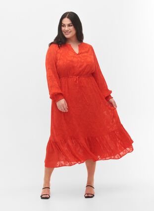 Zakardowa sukienka midi z dlugimi rekawami, Orange.com, Model image number 0