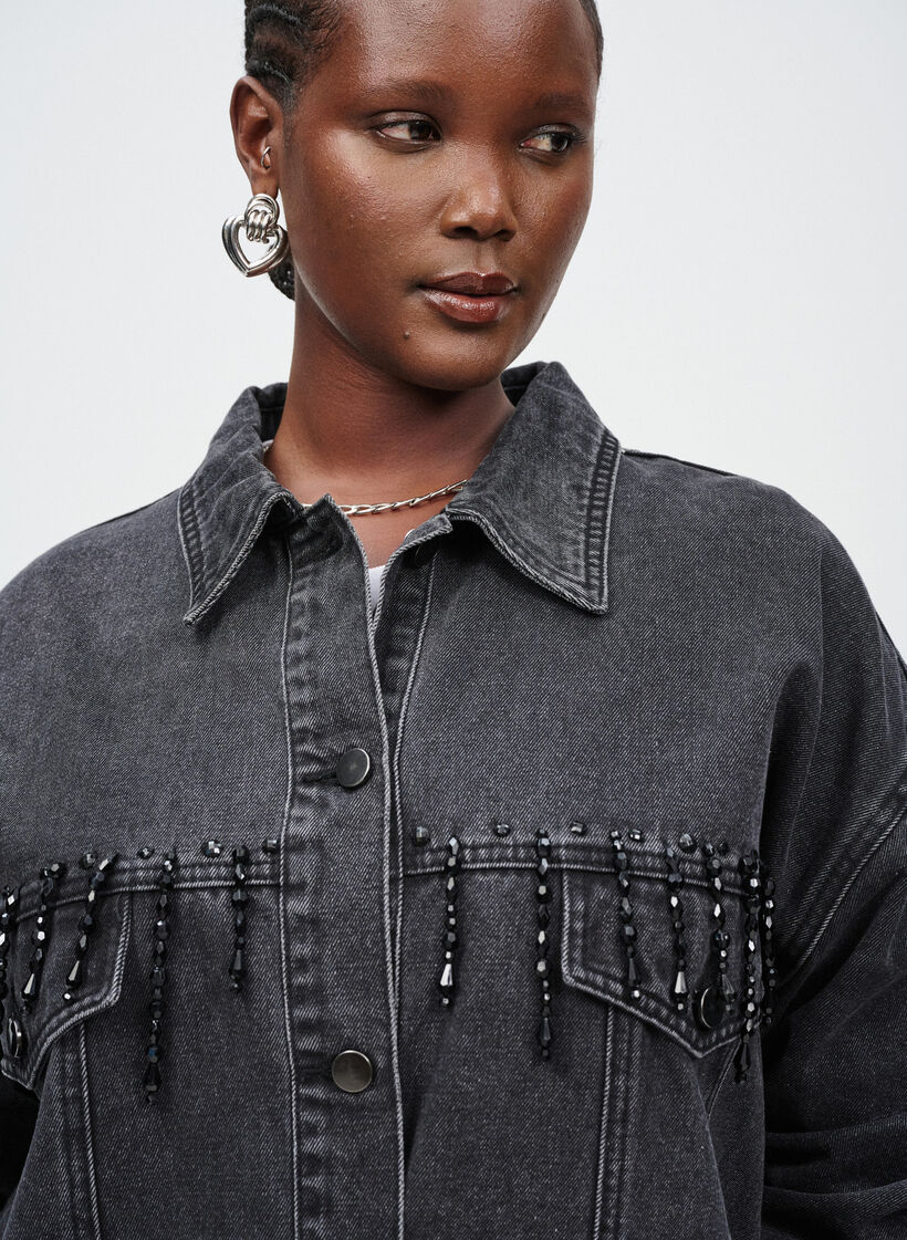 Kurtka jeansowa z perelkowymi fredzlami, Szary, Image