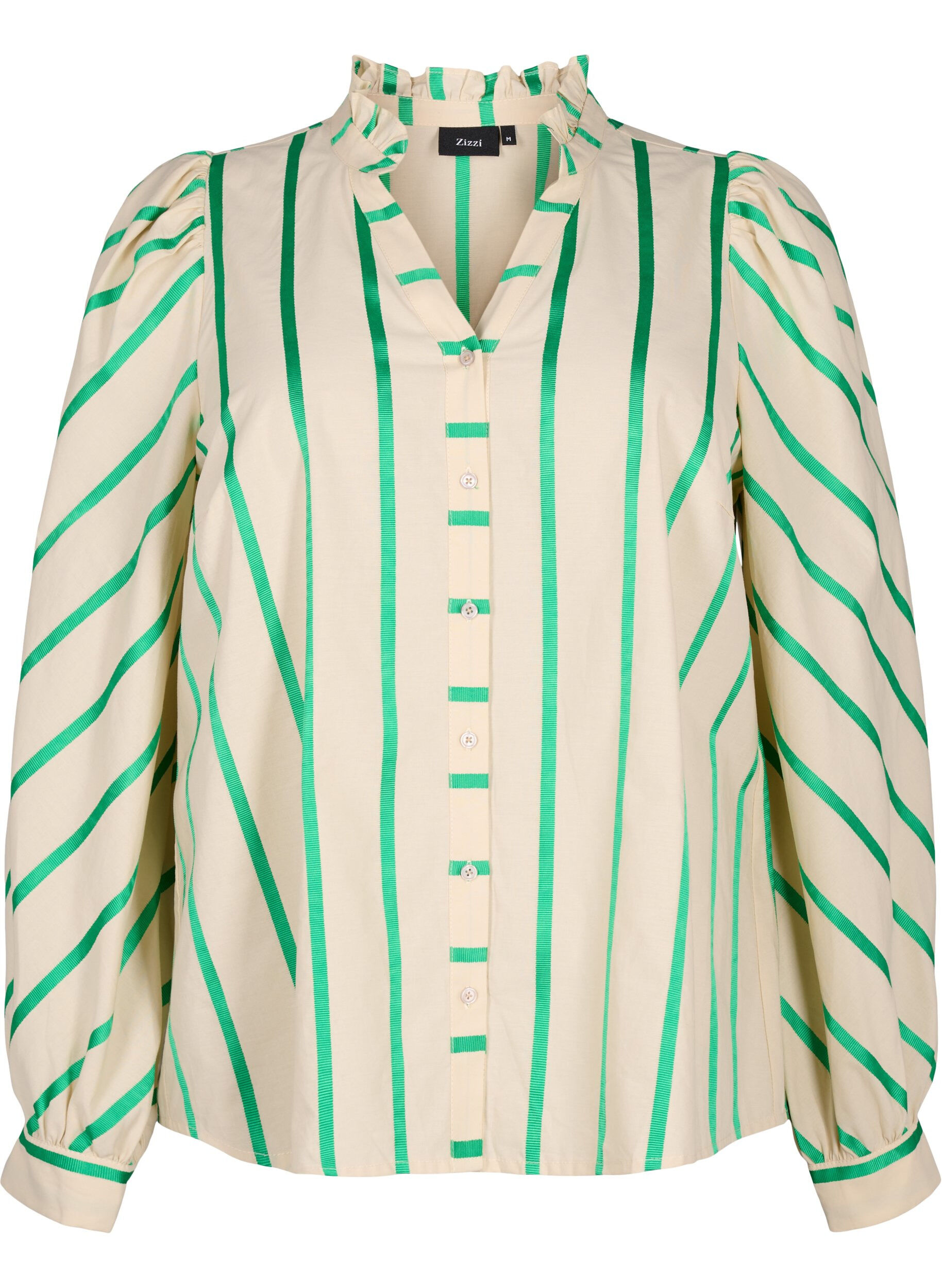 Zizzi Bawelniana bluzka koszulowa w paski z kolnierzykiem z falbanami, Beige Green Stripe, Packshot image number 0