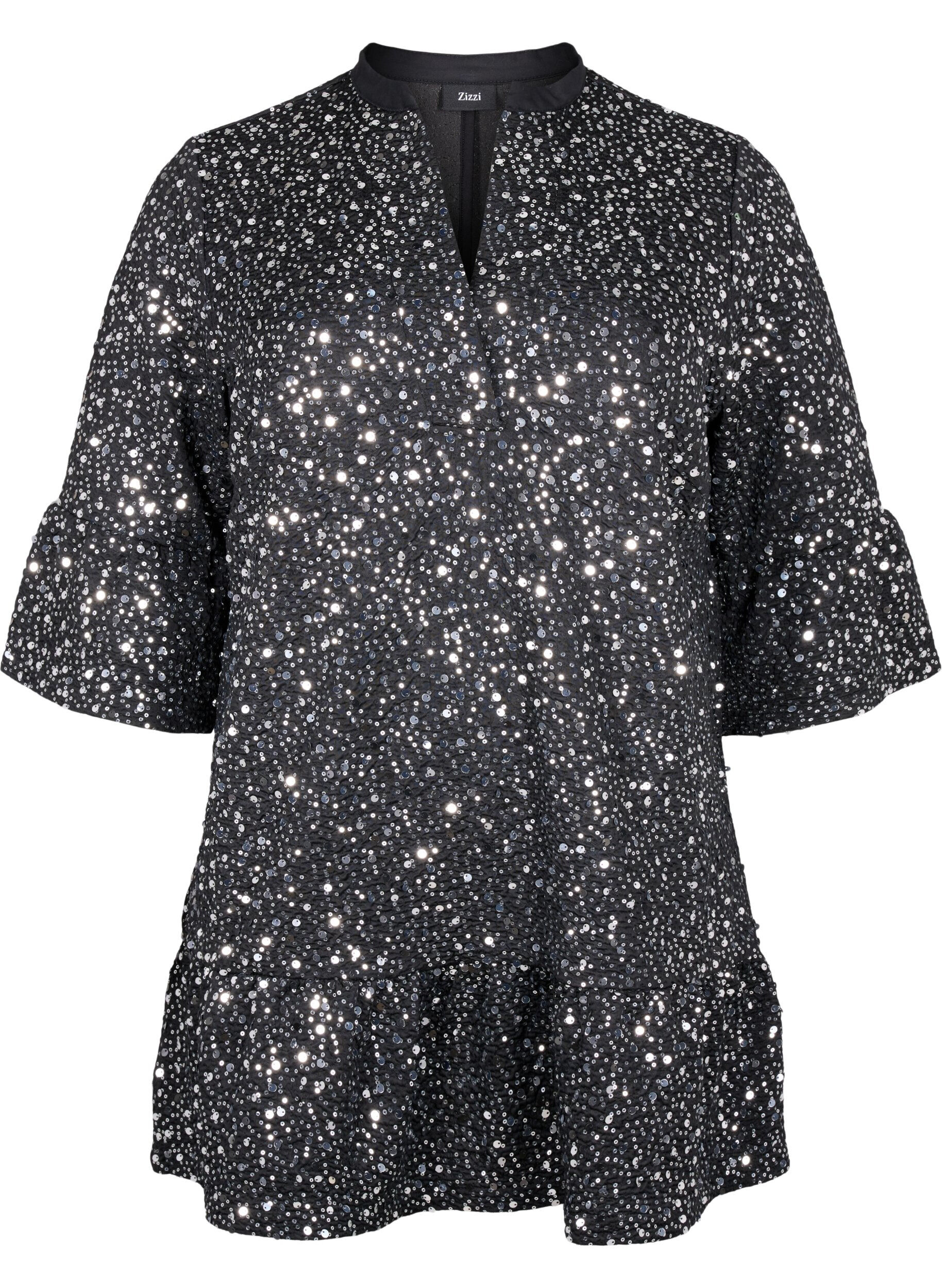 Zizzi Sukienka z cekinami, dekoltem w szpic i rekawami 3/4, Black w. Sequins, Packshot image number 0