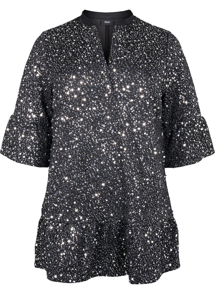 Sukienka z cekinami, dekoltem w szpic i rekawami 3/4, Black w. Sequins, Packshot image number 0