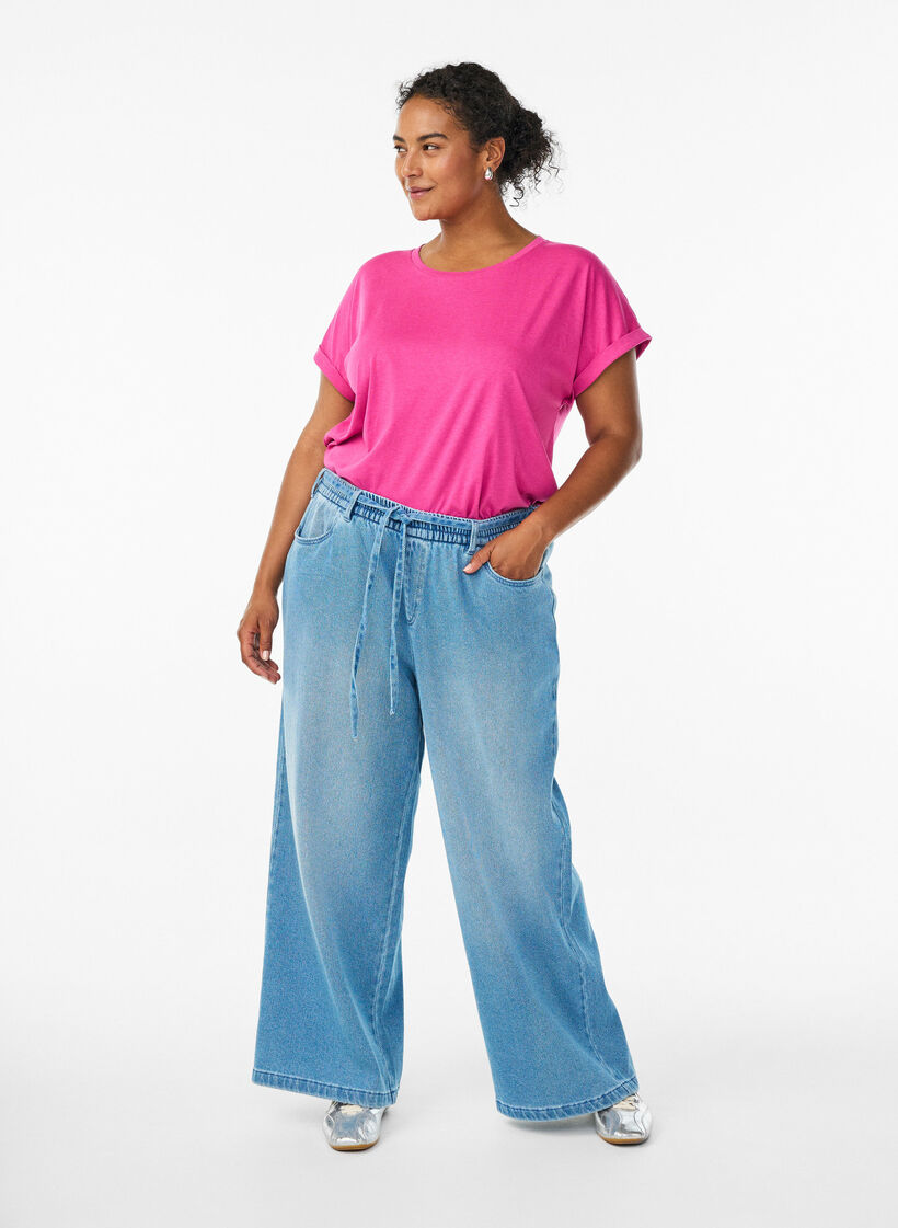 T-shirt z kr&oacute;tkim rekawem z mieszanki bawelny, R&oacute;żowy, Model image number 1