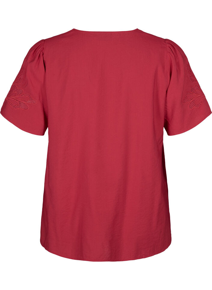 Bluzka z wiskozy z krótkim rekawem i haftem, Czerwony, Packshot image number 1