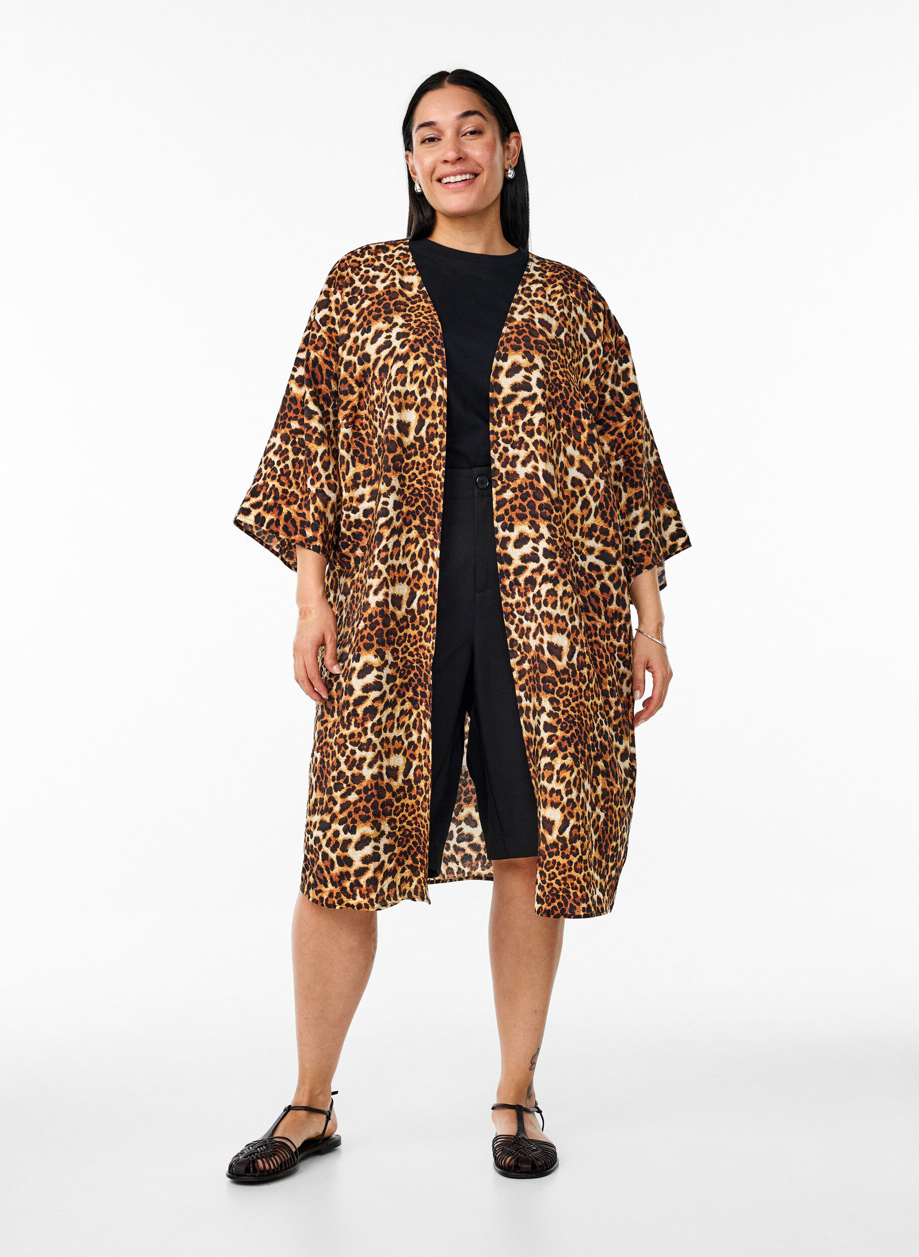 Zizzi Kimono z wiskozy z rekawami 3/4, Brązowy, Model image number 1