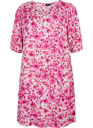 Trapezowa sukienka z wiskozy w kwiaty, Pink Flower Rain, Packshot image number 0