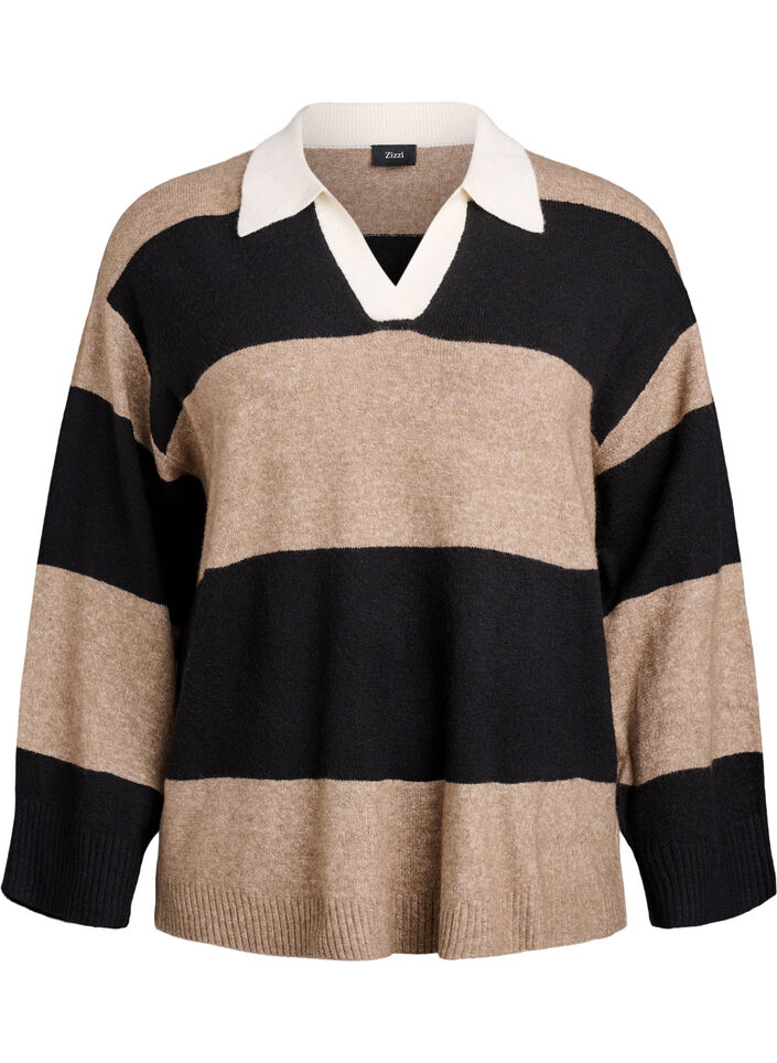 Dzianinowa bluzka z kolnierzykiem i dekoltem w ksztalcie litery V, Czarne, Packshot image number 0