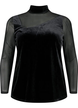 Aksamitna bluzka z dlugimi, siateczkowymi rekawami, Black, Packshot image number 0