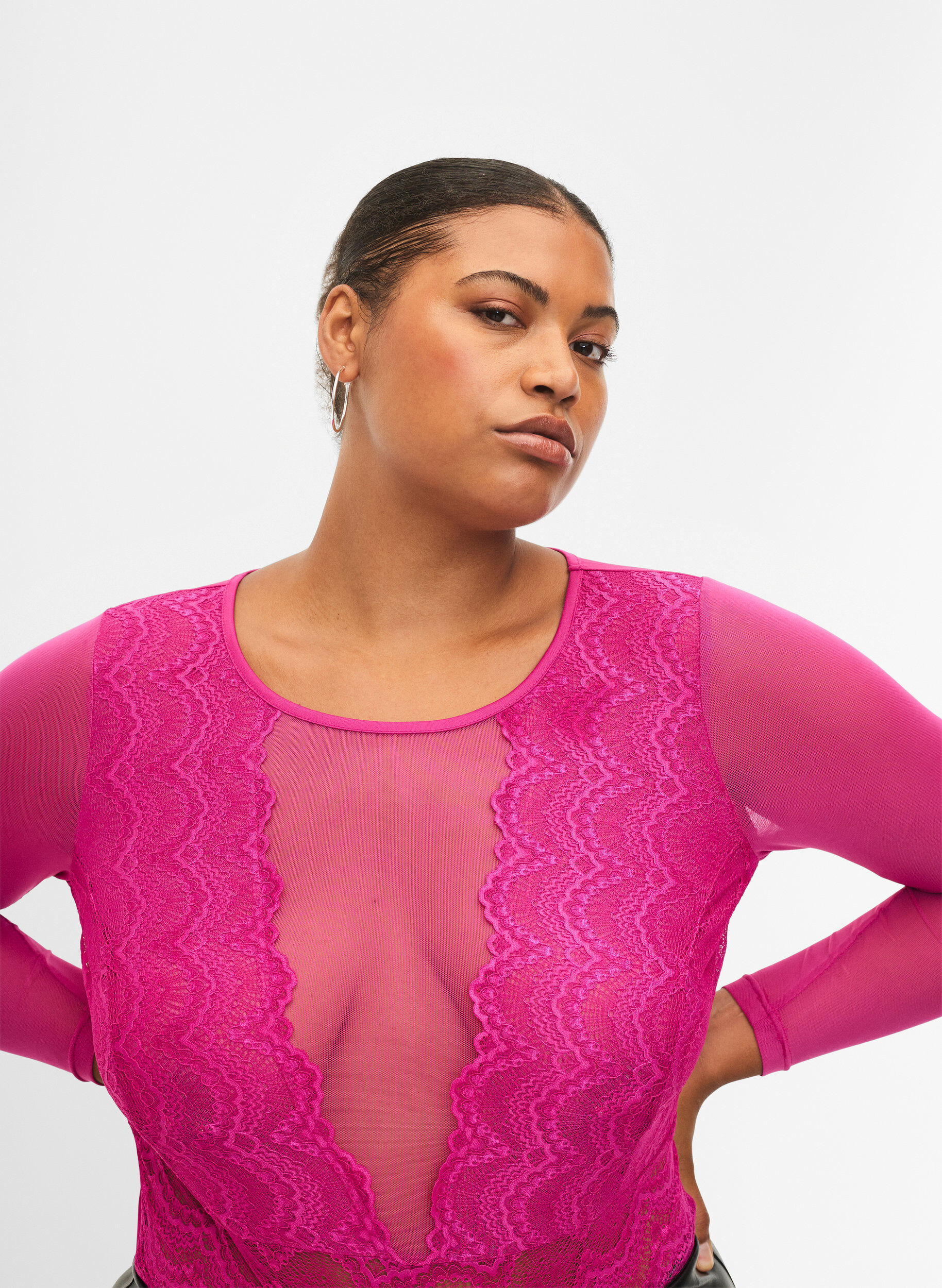Zizzi Bodystocking z koronka i siateczka, Fuchsia Red, Model image number 2