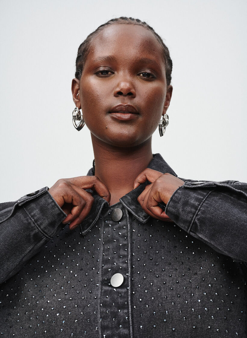 Kurtka jeansowa z cyrkoniami i duzymi przednimi kieszeniami, Szary, Image image number 0