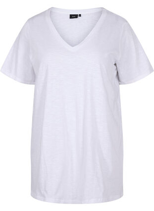 Jednokolorowa koszulka typu oversize z dekoltem w szpic, Bright White, Packshot image number 0