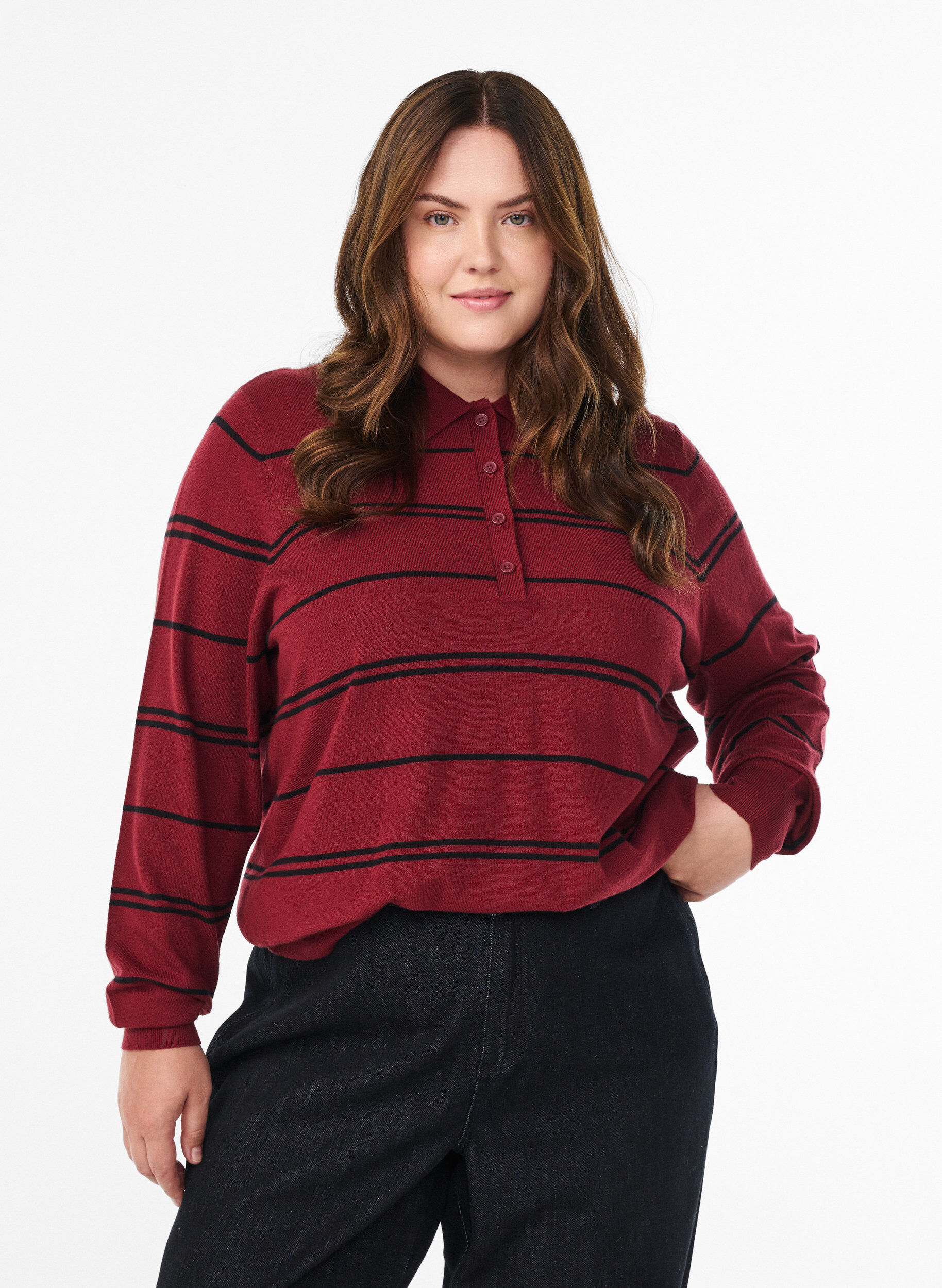 Dzianinowa bluzka z kolnierzykiem, Czerwony, Model