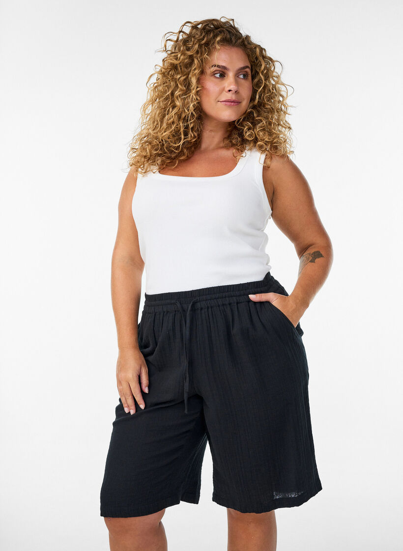 Luzne szorty z bawelnianej musliny z wysoka talia, Czarne, Model image number 0