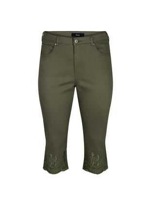 Wysokie spodnie 3/4 z haftem angielskim, Dusty Olive, Packshot image number 0