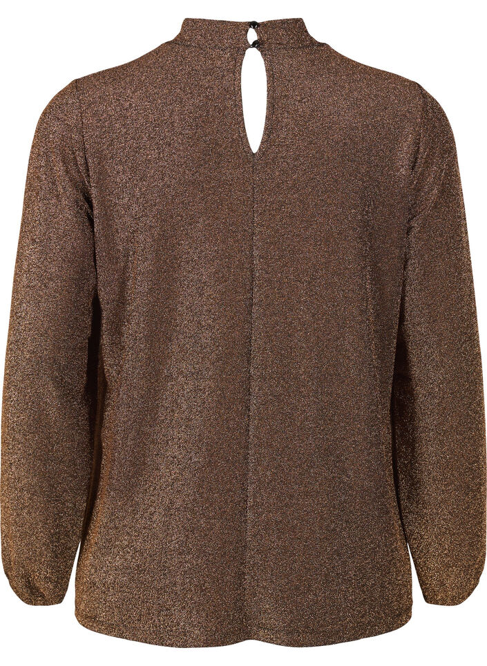 Brokatowa bluzka z dlugimi rekawami, okraglym dekoltem i detalami w serek, Black Copper, Packshot image number 1