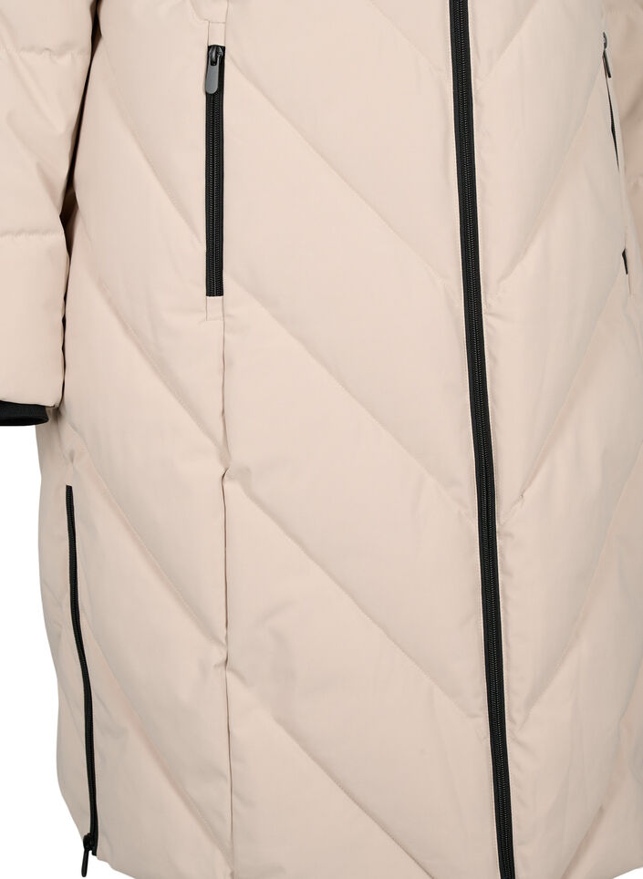 Dlugi plaszcz zimowy z zapieciem na haczyki i kolnierzem ze sztucznego futra, Beżowy, Packshot image number 3
