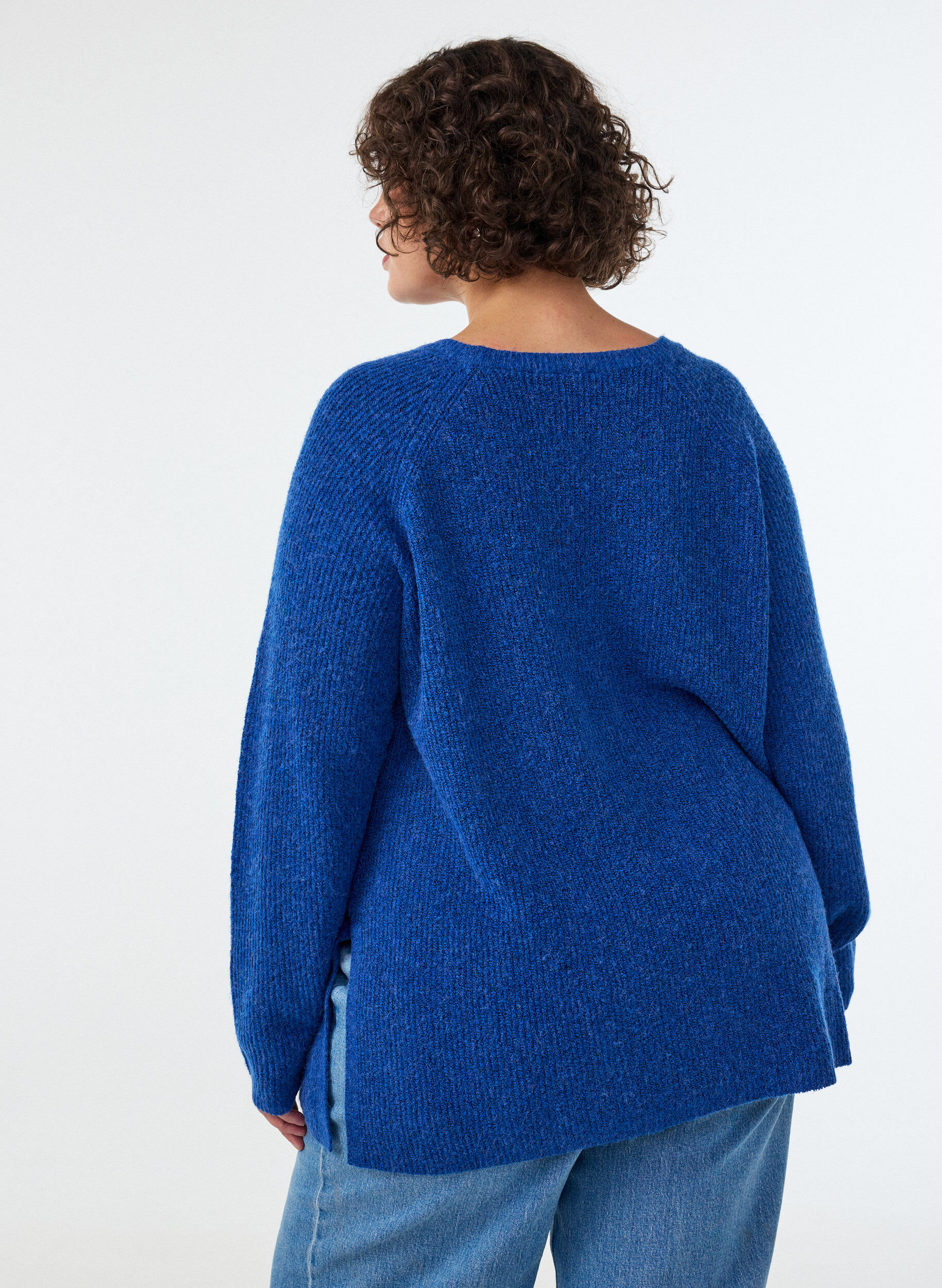 ZizziDzianinowy sweter ze skosnym wzorem i raglanowymi rekawami, Niebieskie, Model image number 2