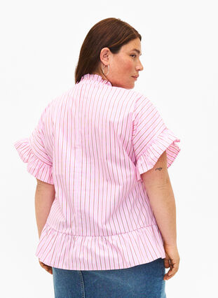 Bluzka w paski z baskinka i marszczeniami, Pink Red Stripe, Model image number 1