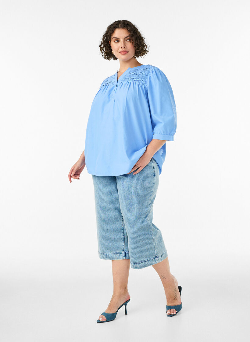 Bluzka ze smockiem i rekawami 3/4, Niebieskie, Model image number 1
