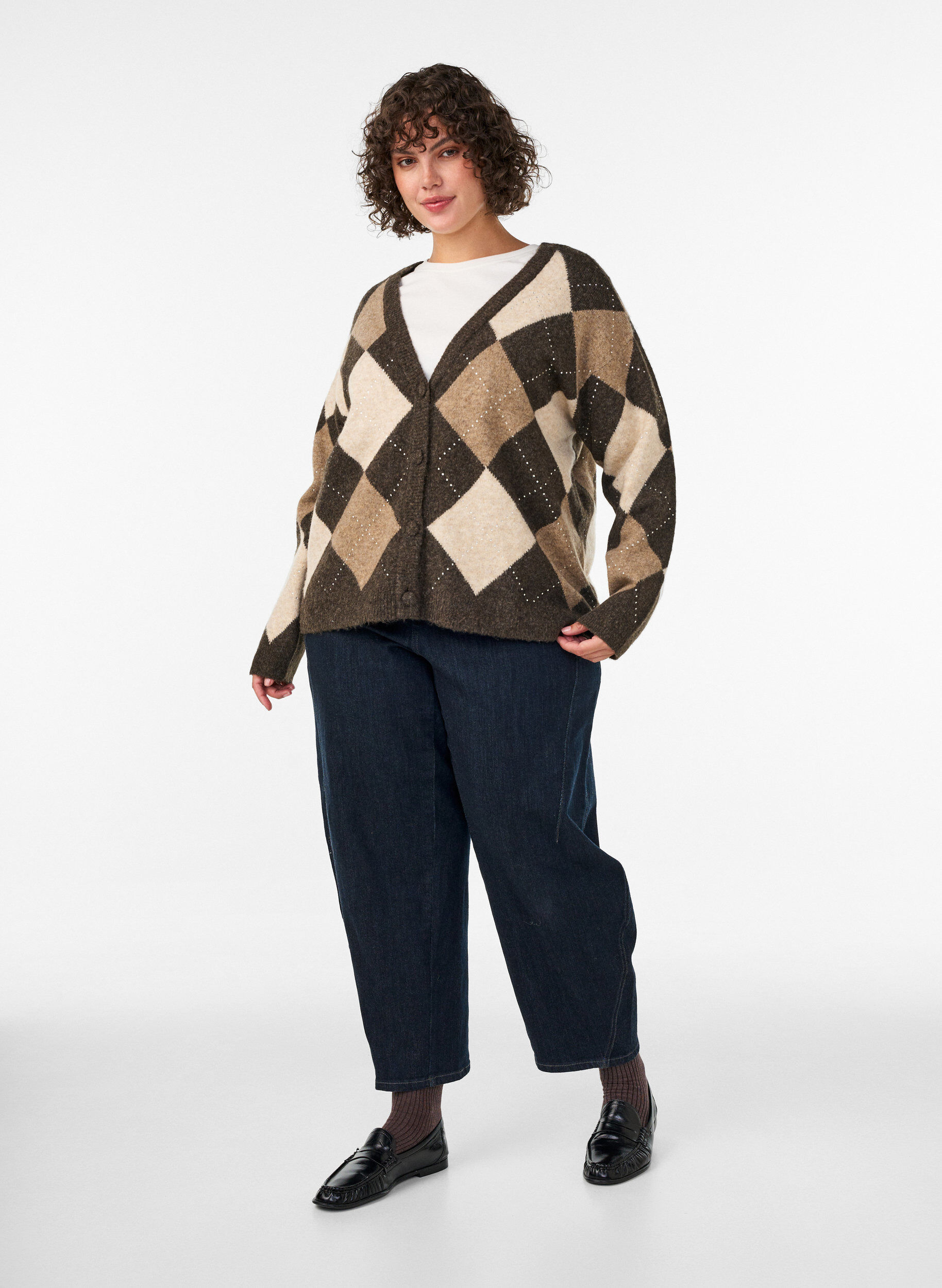ZizziKardigan Argyle ze srebrnymi cekinami, Brązowy, Model image number 1