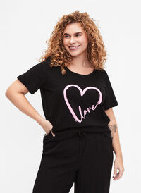 Bawelniana koszulka z okraglym dekoltem i nadrukiem, Black W. Heart L., Model