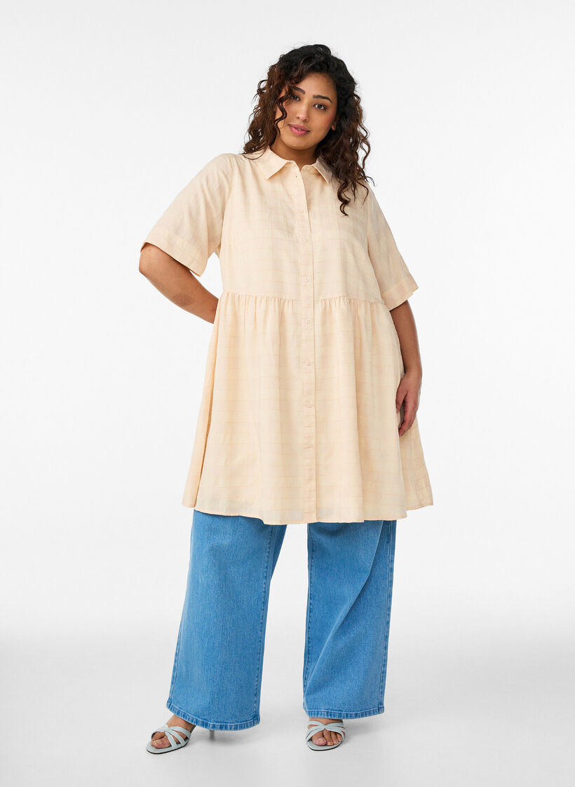 Kr&oacute;tkie sukienki koszule z kratkowanym wzorem i rekawami 1/2, Ż&oacute;łty, Model image number 1