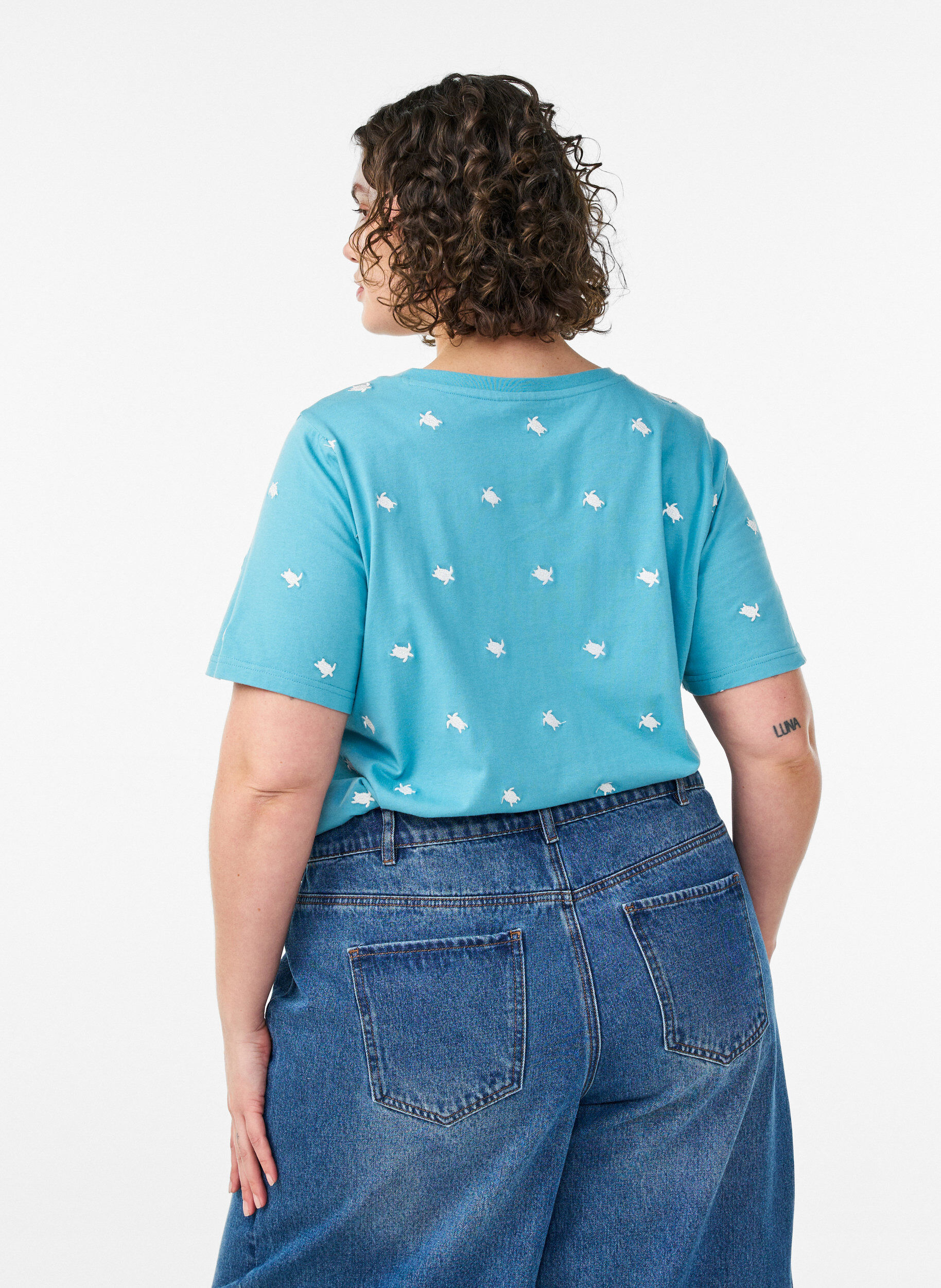 ZizziKoszulka z bawelny organicznej z haftowanymi motywami, Niebieskie, Model image number 2