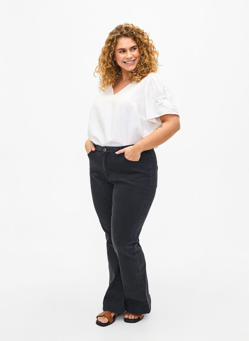 Bluzka z wiskozy z krótkim rekawem i haftem, Biały, Model image number 1