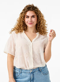 Bluzka koszulowa z krótkim rekawem i haftem angielskim, Antique White, Model