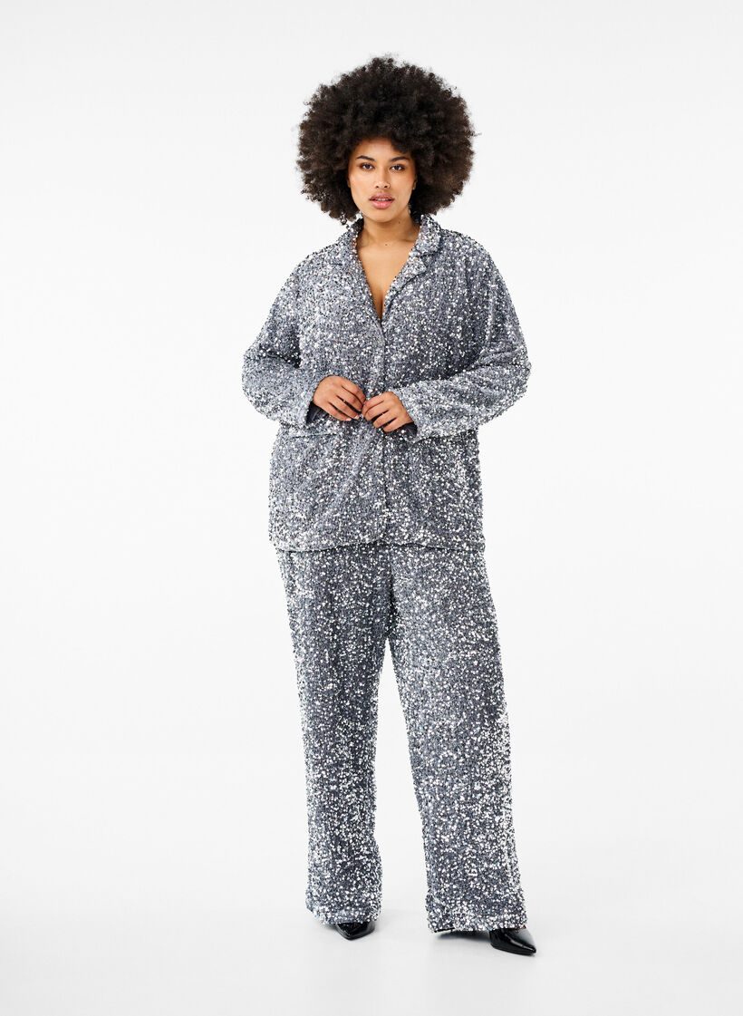 Luzne cekinowe spodnie z wysokim stanem, Silver, Model image number 0