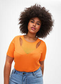 Dopasowana bluzka z dekoltem w szpic i detalami z siateczki, Vibrant Orange, Model