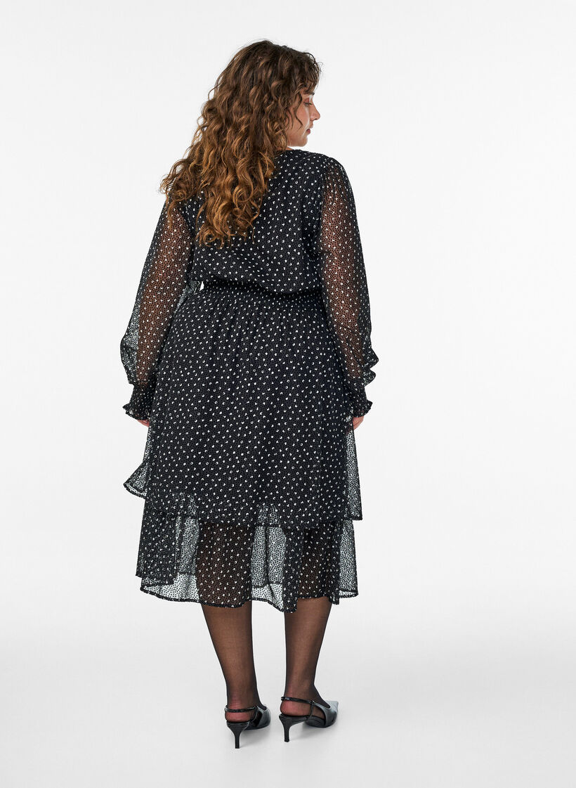Sukienka midi ze szifonowej tkaniny w kropkowany wzór, Czarne, Model image number 1