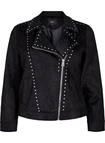 Kurtka motocyklowa ze sztucznego zamszu z cwiekami, Czarne, Model