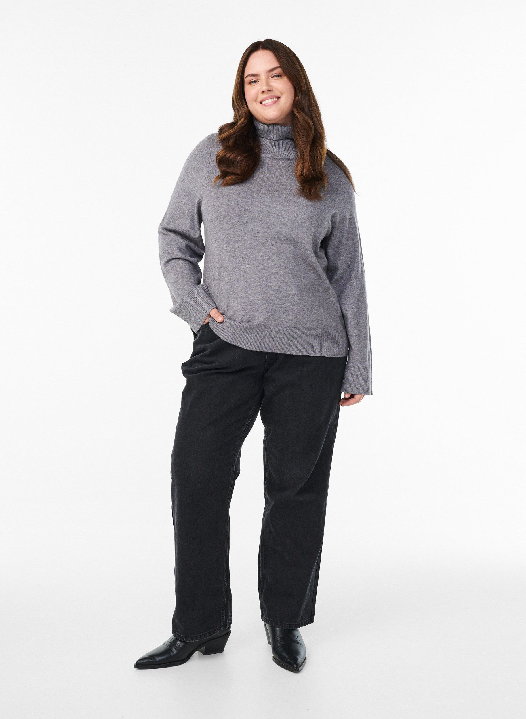 Zizzi Dzianinowa bluzka z golfem i guzikami po bokach, Szary, Model image number 1