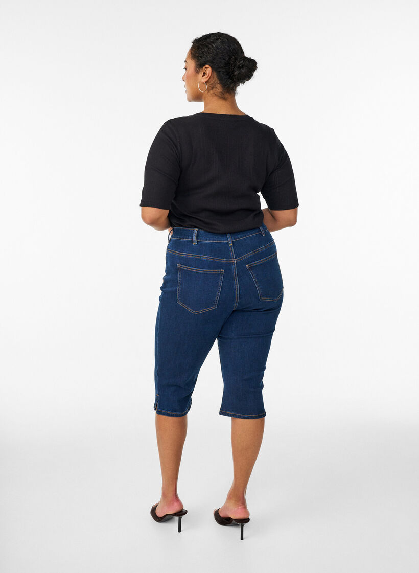 Spodnie capri ze sciagaczem w talii, slim fit, ze stretchowego denimu, Niebieskie, Model image number 1