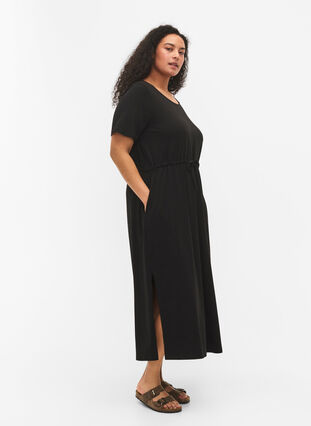 Bawelniana sukienka midi z krótkim rekawem, Black Solid, Model image number 2
