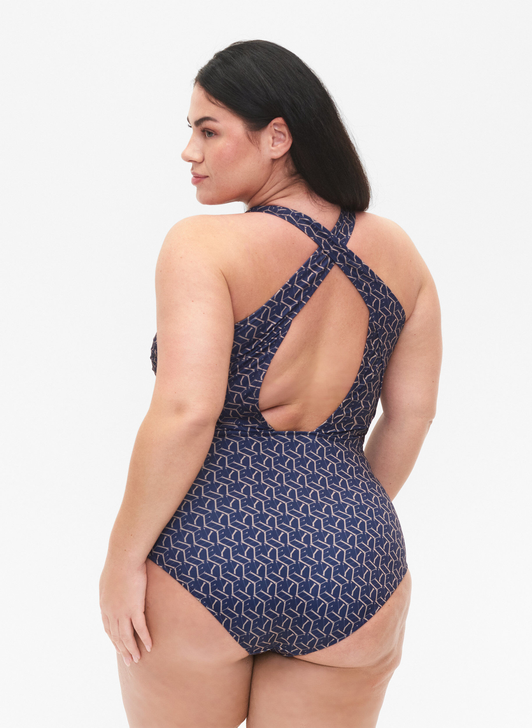 Zizzi Swimsuit with print and crossed back, Text Print, Model image number 1