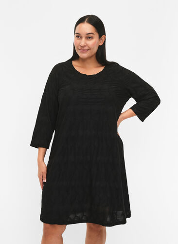 FLASH – sukienka z faktura i rekawem 3/4, Black, Model image number 0